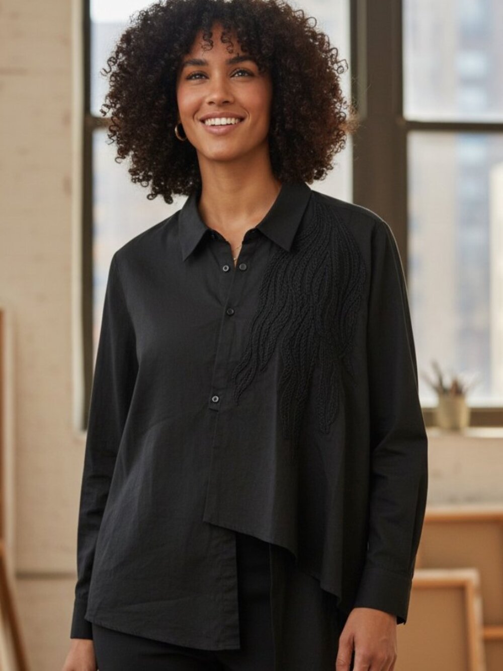 Asymmetrical Black Embroidered Shirt